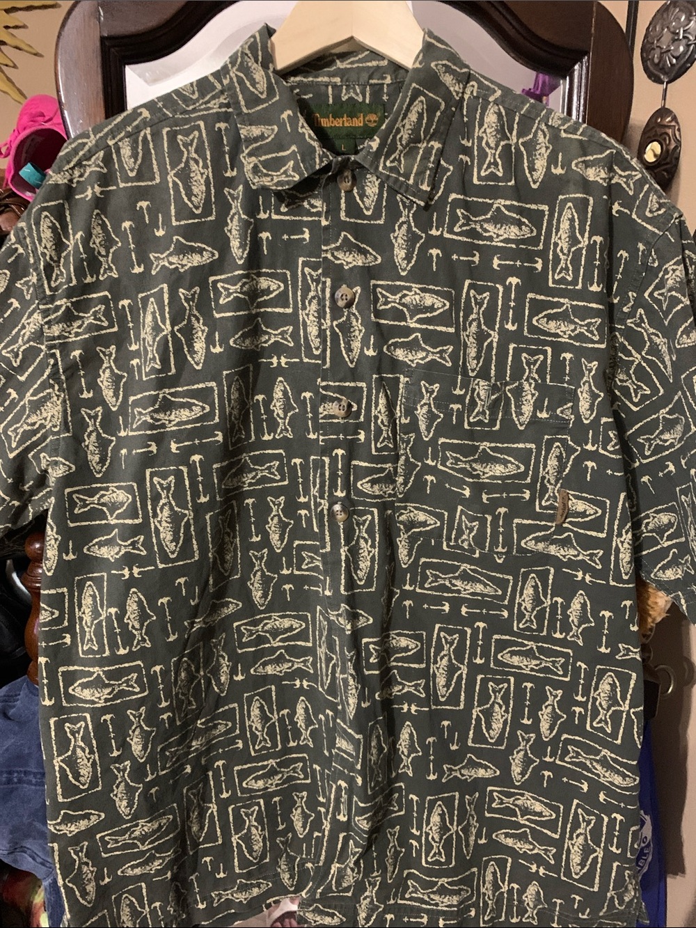 Timberland Olive Green Fish-Print Short Sleeve Button-Up Shirt